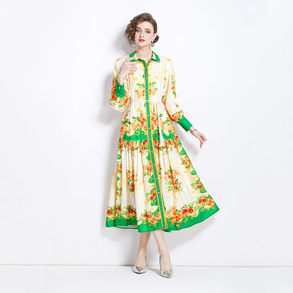 Retro Cotton And Linen Lapel Lantern Sleeve Printing Dress