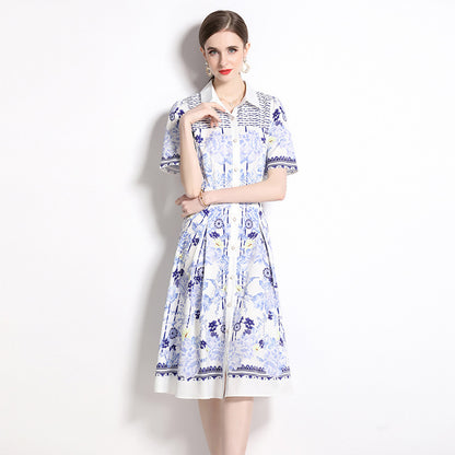 Slim Shirt Collar Short Sleeve Mid-length Printed Dress