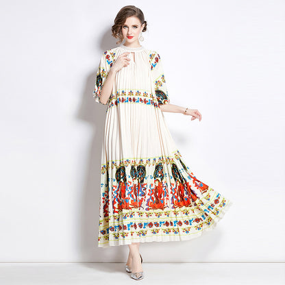 Positioning Printed Pleated Pearl Buckle Pleated Dress