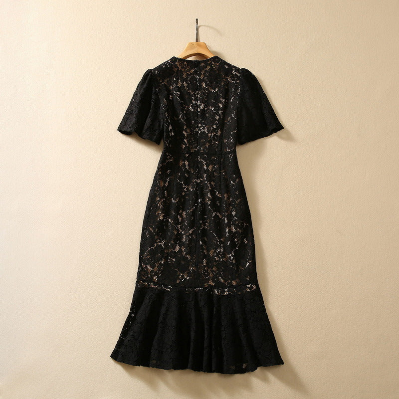 Colored Beads Embroidered Parrot Short Sleeve Lace Dress