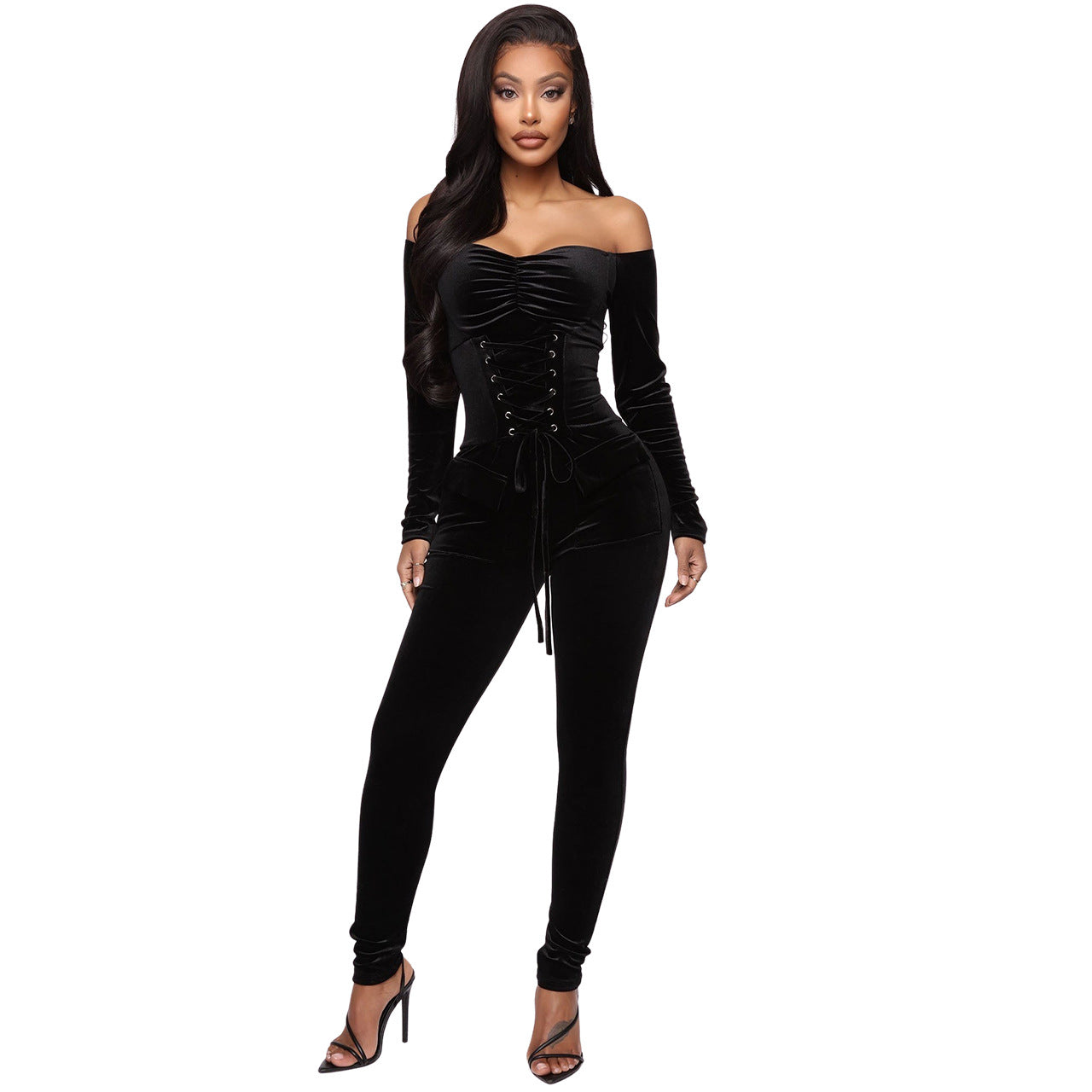 Velvet Off-shoulder Corns Tied Slim Fit Jumpsuit