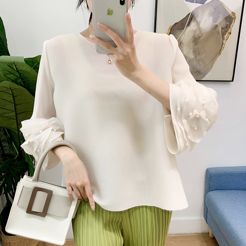 Women's Pleated Bell Sleeve Top Beaded Round Neck