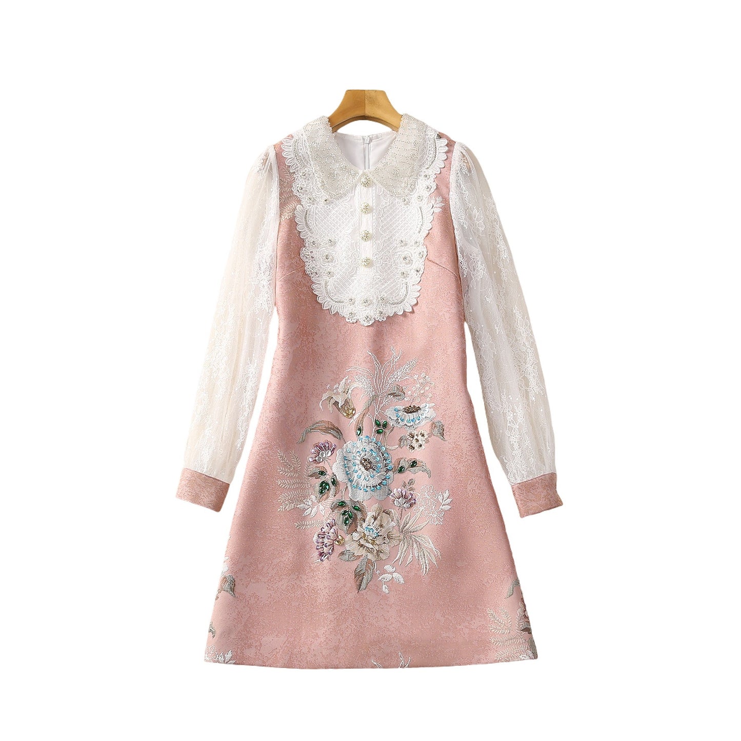 Pearl Buckle Brocade Jacquard Water Soluble Long Sleeve Dress