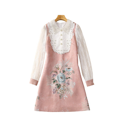 Pearl Buckle Brocade Jacquard Water Soluble Long Sleeve Dress