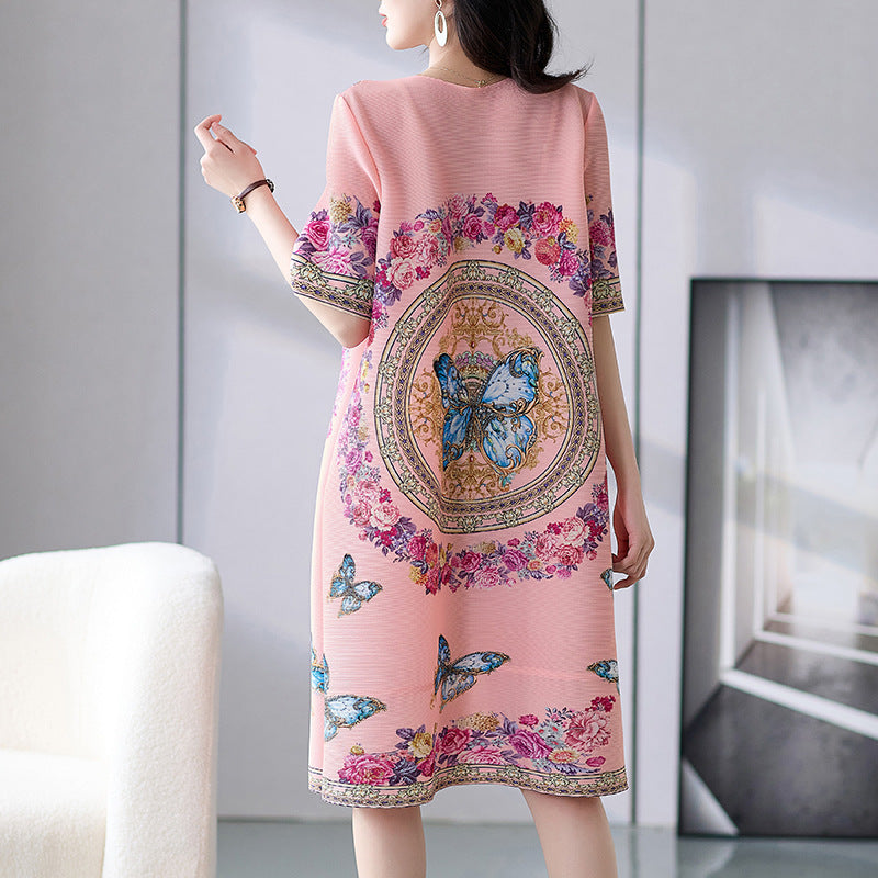 Pleated Print Rhinestone Dress Loose Plus Size