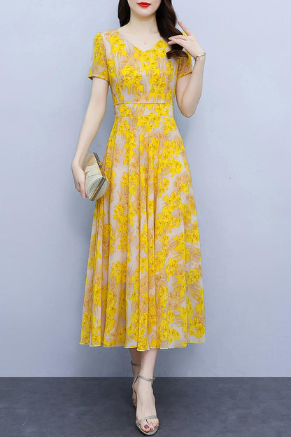 Spring And Autumn Chiffon Floral Dress Plus Size