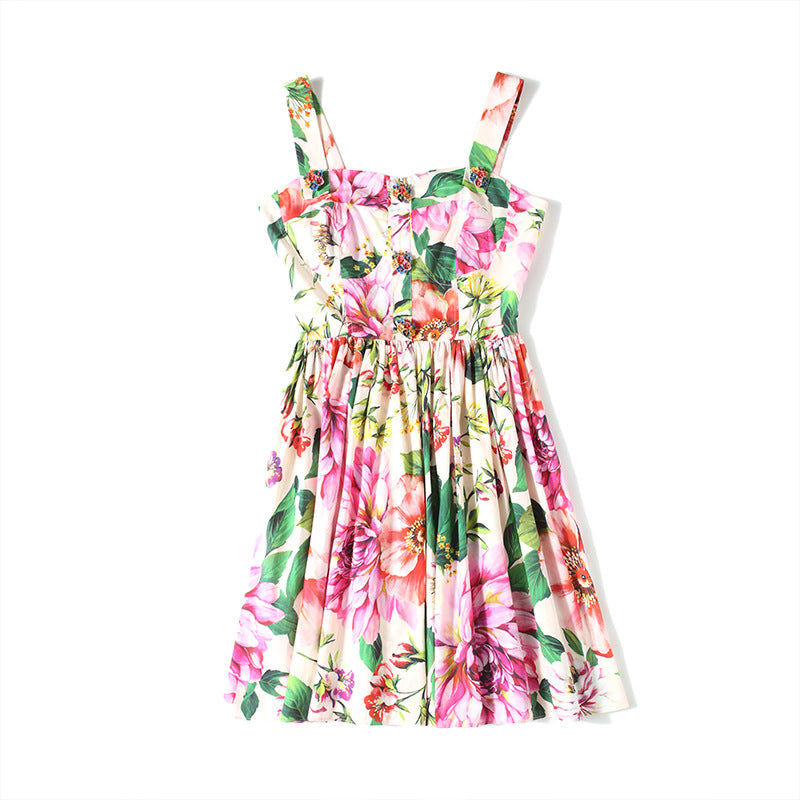 Printed Button Waist-tight Slimming Vacation Sling Dress