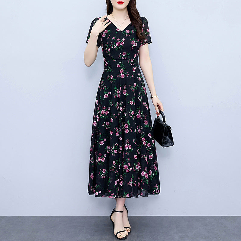 Chiffon Floral Dress Plus Size Plump Girls Waist-tight