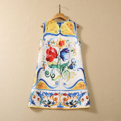 Round Neck Sicilian Colored Glaze Printed Vest Dress