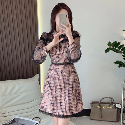 Lapel Bow Puff Sleeve Slimming Classic Style Dress