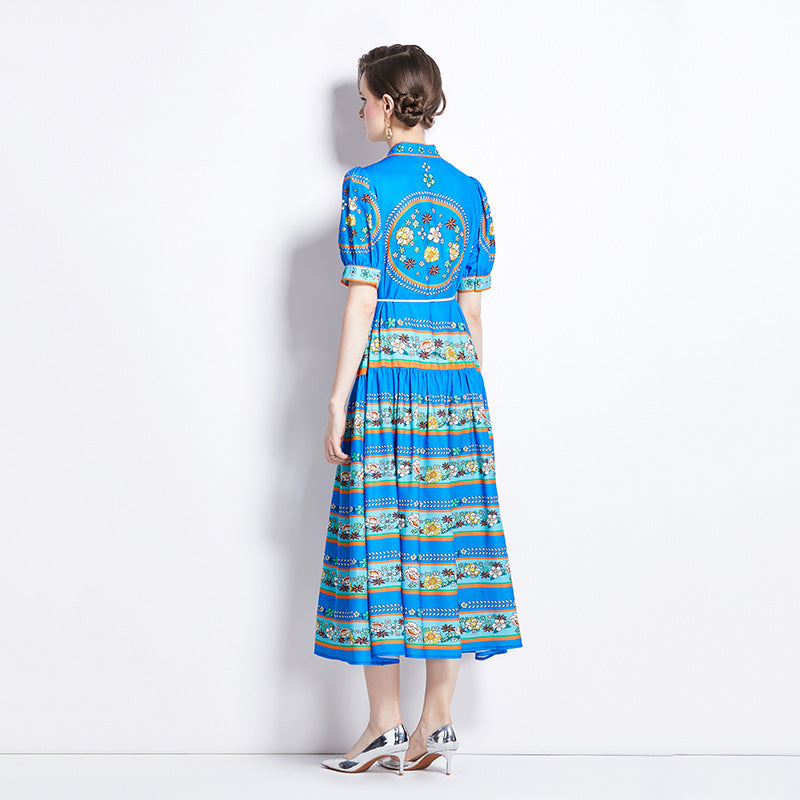 Retro Cotton And Linen Stand-up Collar Puff Sleeve Printed Dress