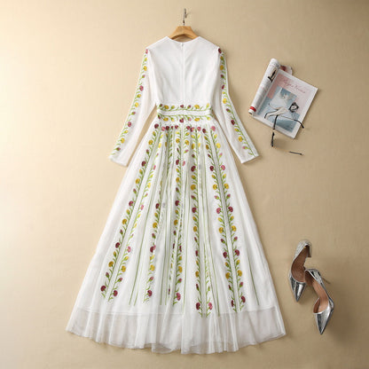 Mesh Embroidery Large Skirt Waist-controlled Long Sleeves Dress