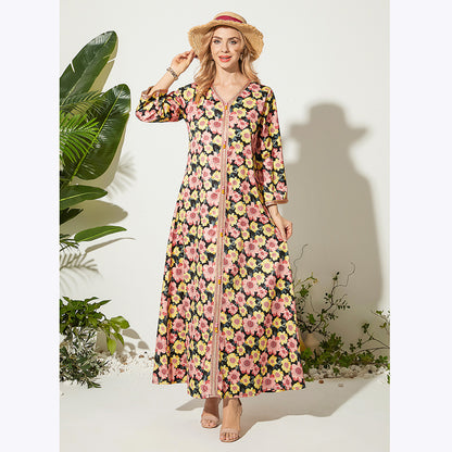 V-neck Printed Long Loose Temperament Dress