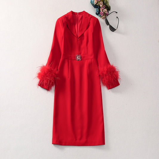 Rhinestone Waist-tight Suit Collar Red Dress