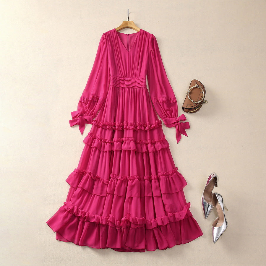 V-neck Pleated Strip Waist-controlled Long Sleeves Dress