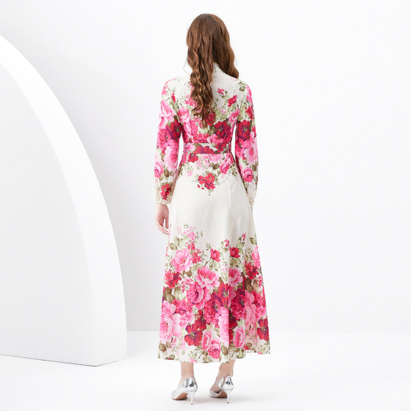 Retro Stand Collar Single-breasted Printed Wide Swing Long Dress