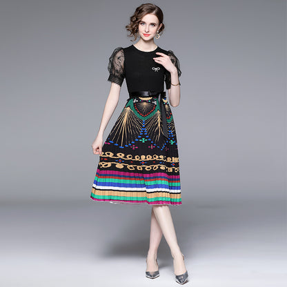 Slimming False Two-piece Mesh Stitching Printing Dress