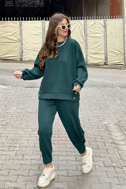 Metal Button Long Sleeve Shirt Sports Casual Ankle Banded Pants Suit