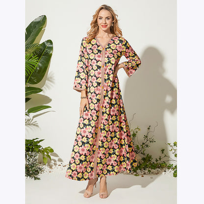 V-neck Printed Long Loose Temperament Dress