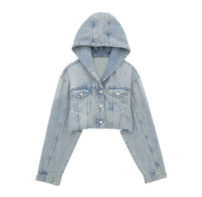 Hot Girls Washed Frayed Hem Hooded Denim Jacket Coat