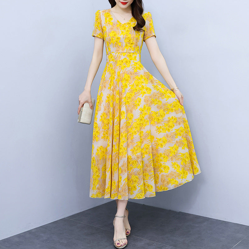 Spring And Autumn Chiffon Floral Dress Plus Size