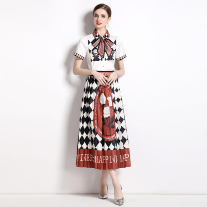 Printed Shirt Collar Elegant Fashionable Pleated Skirt Fashion Two-piece Set