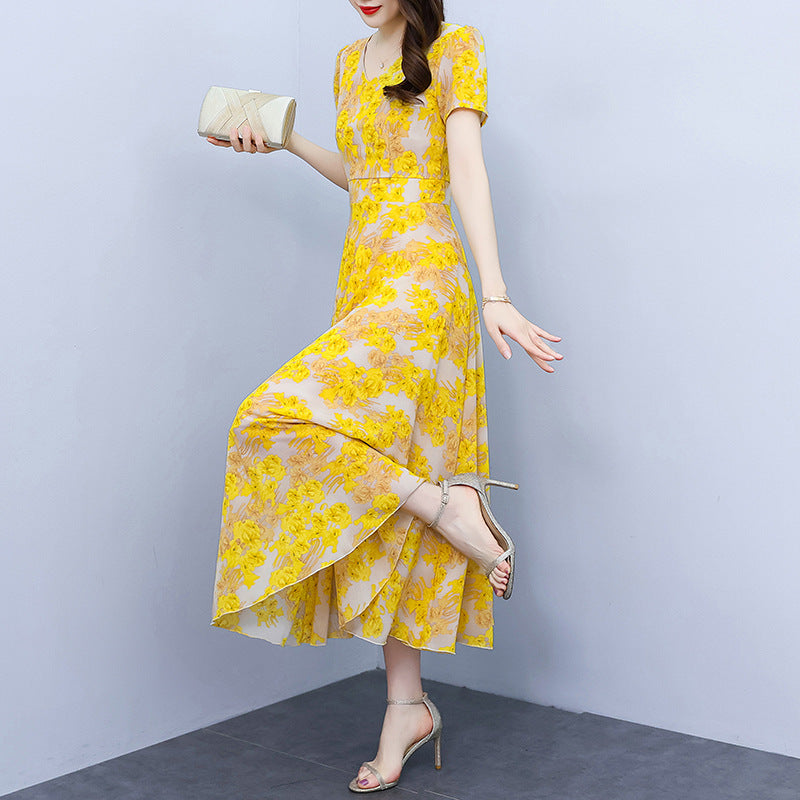 Spring And Autumn Chiffon Floral Dress Plus Size