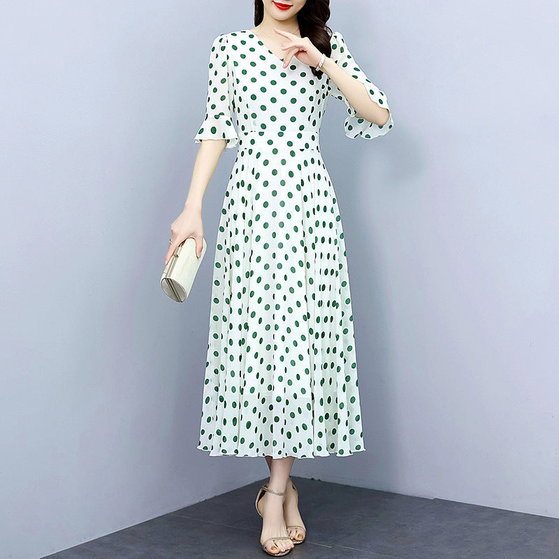 Half Sleeve Polka Dot Expansion Skirt For Vacation Over The Knee Dress