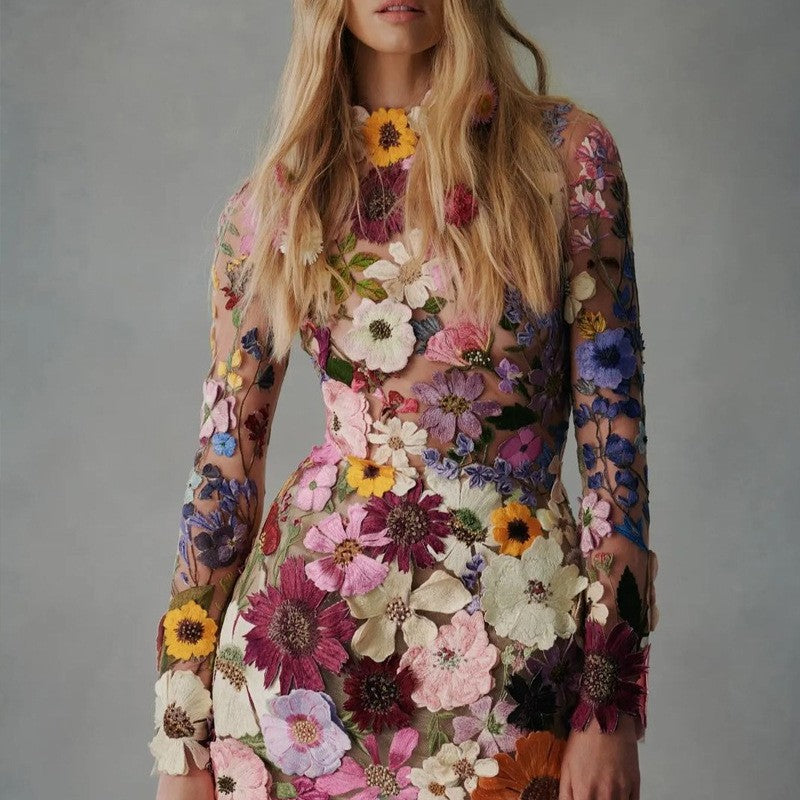 Vestido tubo bordado de encaje de malla de flores para mujer