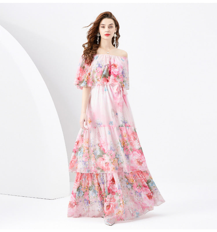 Off-the-shoulder Slim-fit Long Ruffled Tiered Dress