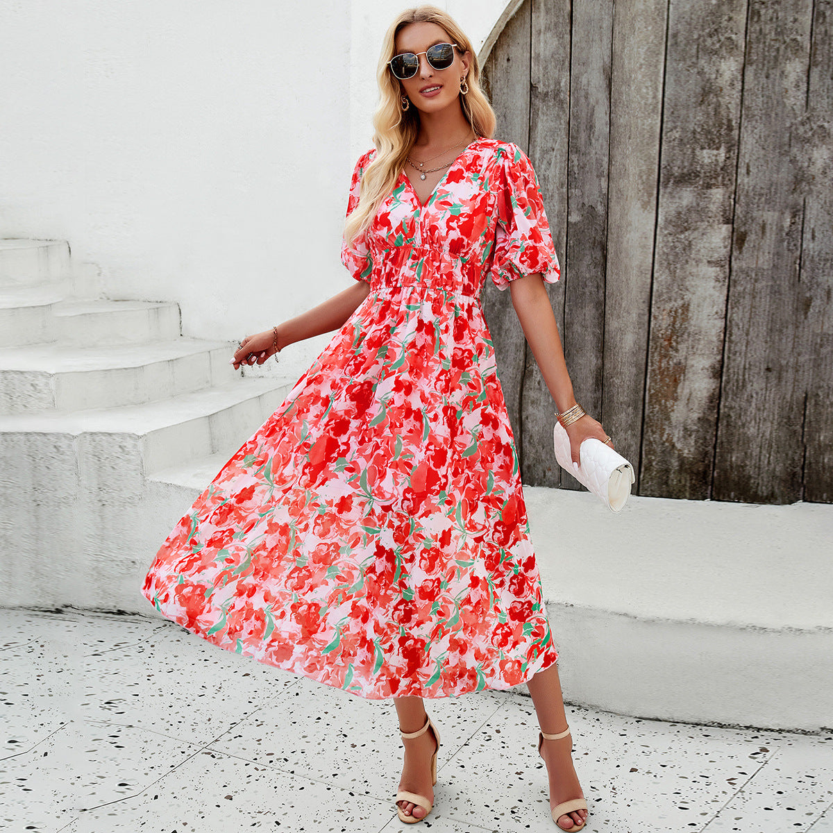 Ropa de mujer Vestido festivo con cuello en V y estampado floral ajustado a la cintura