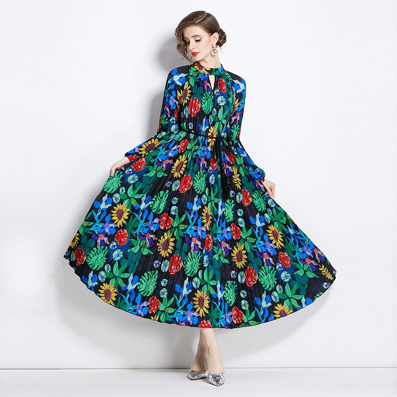 Printed Lantern Sleeve Pleated Tassel Belt Dress