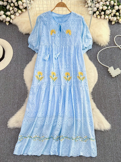 Sweet Puff Short Sleeve Round Neck Hollow Embroidery Dress