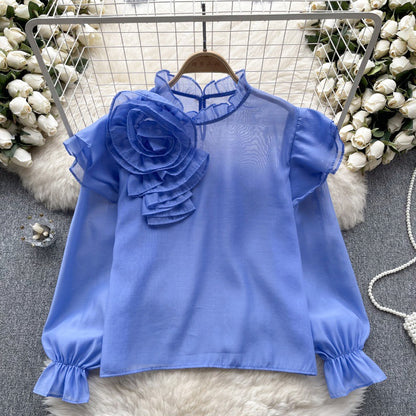 Sweet Ruffled Collar Pullover Puff Sleeve Chiffon Shirt