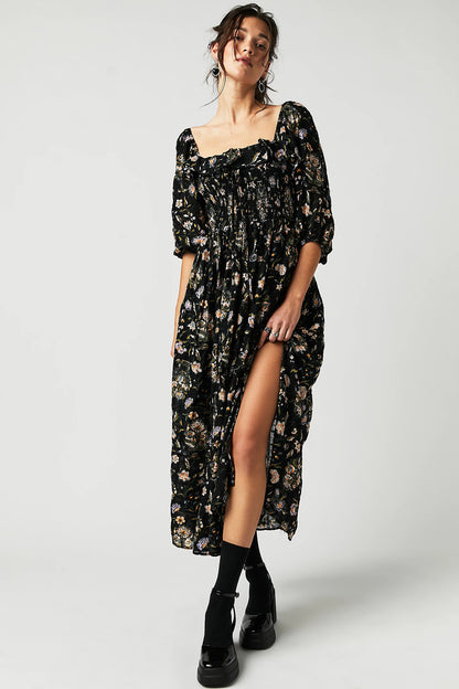 Exposed Back Ruffled Square Collar Printed Half-length Sleeve Dress