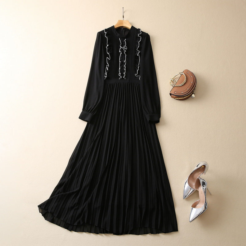 Small Stand Collar Fungus Pleated Long Sleeve Dress Women