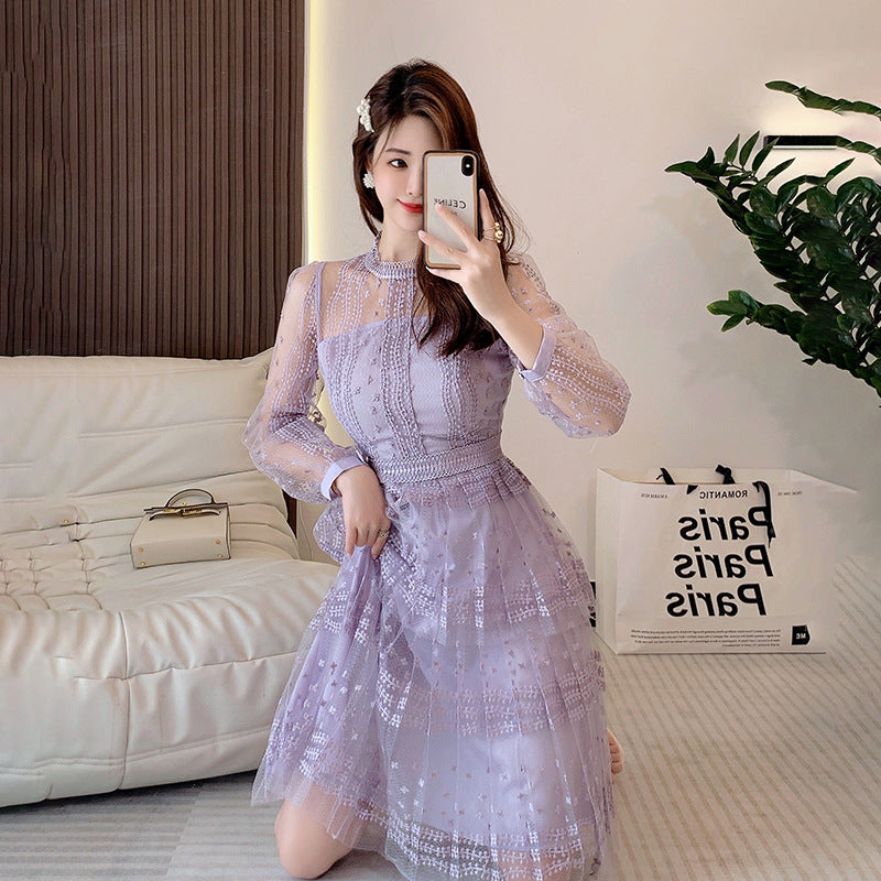 Lilac Purple Lace Stitching Mesh Embroidered Long Sleeve Round Neck See-through Dress