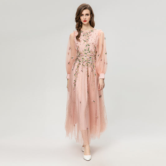 Embroidery Flower Sequin Gauze Wide Hem Long Sleeve Dress