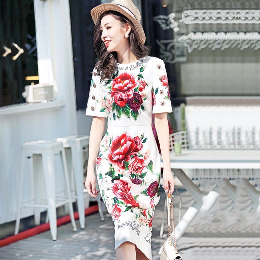 Rhinestone Buckle Short Sleeve Floral Print Dress Women