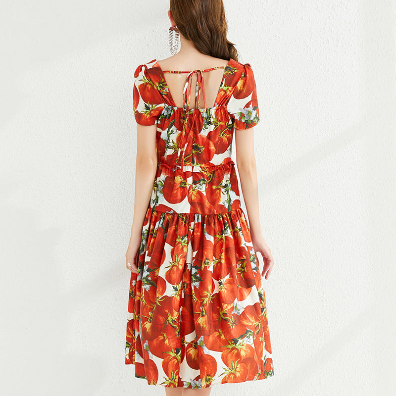 Tomato Red Blossom Color Court Retro Big Swing Square Collar Backless Dress