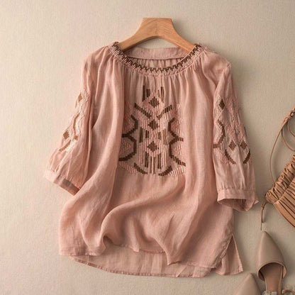 Women's Fashionable Slimming Cotton And Linen Embroidered Crew Neck Top