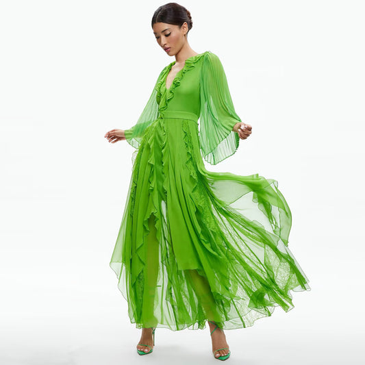 Pleated Bell Sleeve Heavy Industry Ruffled Chiffon Dress