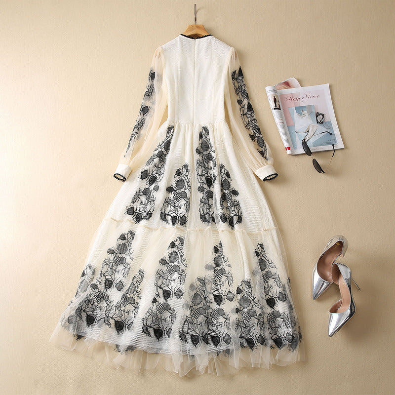 Long Sleeve Oversized Hem Exquisite Embroidery Floral Mesh Dress