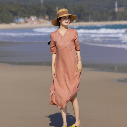 Washed Linen Embroidery Mid-sleeve Long Dress