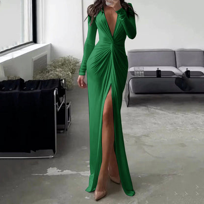 Fashion Sexy Slit V-neck Long Sleeve Solid Slim Pleated Skirt Gown