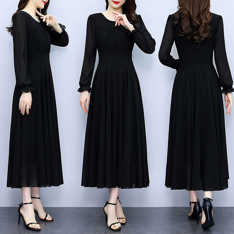 Organ Pleat Solid Color Wide Hem Slim Fit Slimming Long Sleeves Dress