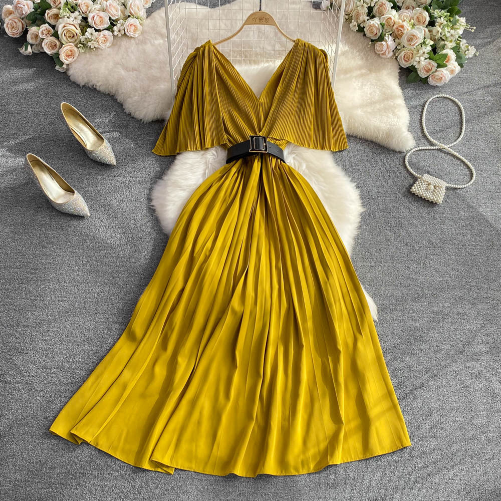 Vestido plisado de corte A adelgazante con cintura con volantes y cuello en V de temperamento de alta sociedad Vestido largo elegante con vuelo