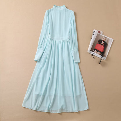 Wooden Ear Collar Bag Buckle Decorative Chiffon Big Swing Long Sleeve Dress