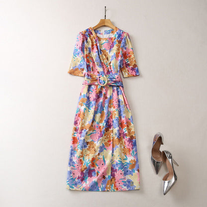 Hemp Printing Irregular Dress Women