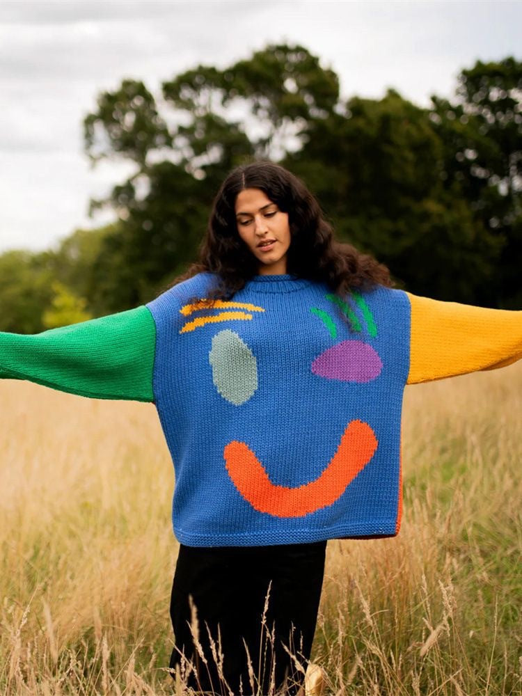 Suéter de punto con cuello redondo y estampado de dibujos animados para mujer